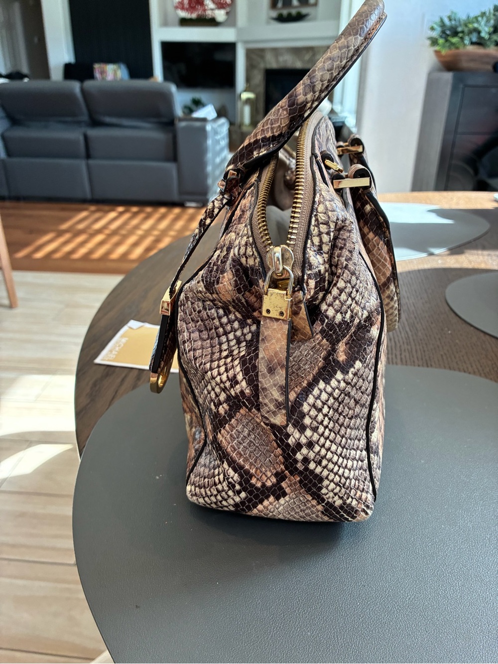 Michael Kors Brown and Tan Astor  Snake-Print Satchel - Picture 7 of 15
